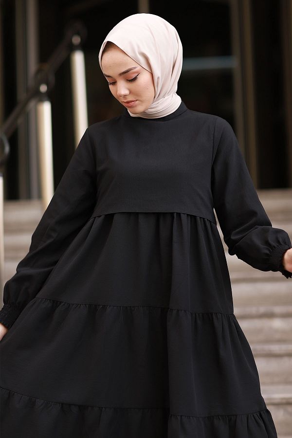 InStyle Single Layer Detailed Casual Hijab Dress Black Trendyol