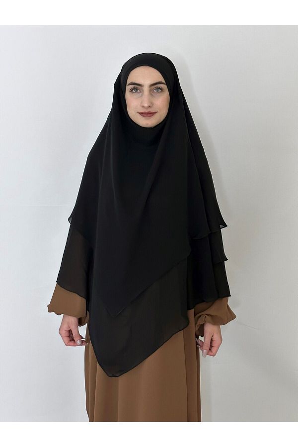 erasra class-Black Souffle Khimar - Three-Layer, Veil and Chiffon Scarf, 4 Strings 1