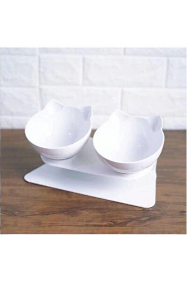 TİNEKE-Cat Head Food Bowl with Stand 2 pcs White 1