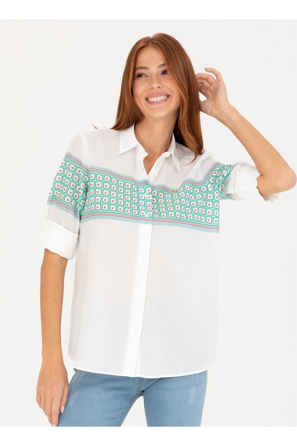 U.S. Polo Assn. BASE. Polo Assn. Regular Fit Shirt Collar Patterned Green Women's Shirt PORI