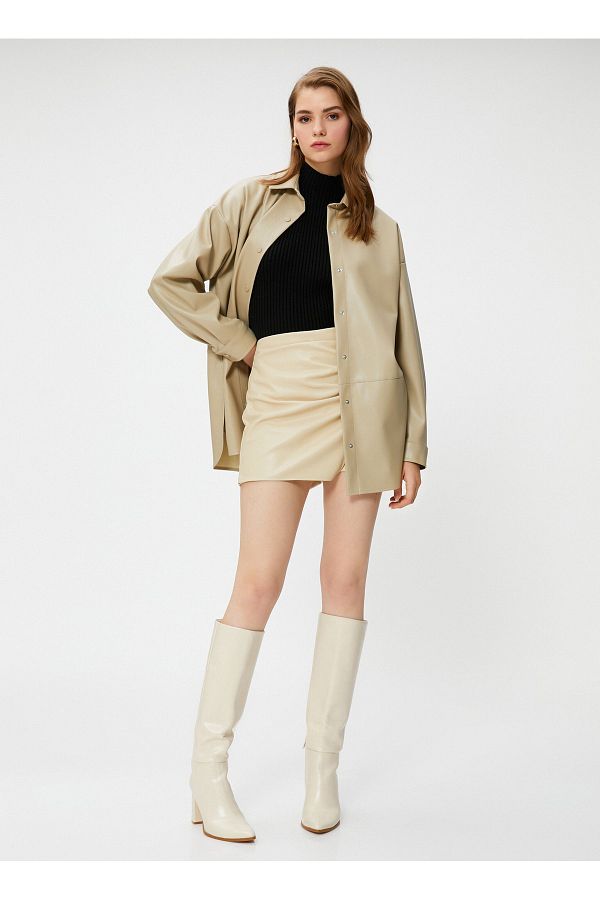 Koton-Standard Shirt Collar Plain Mink Women's Shirt 4WAK60006EW 1