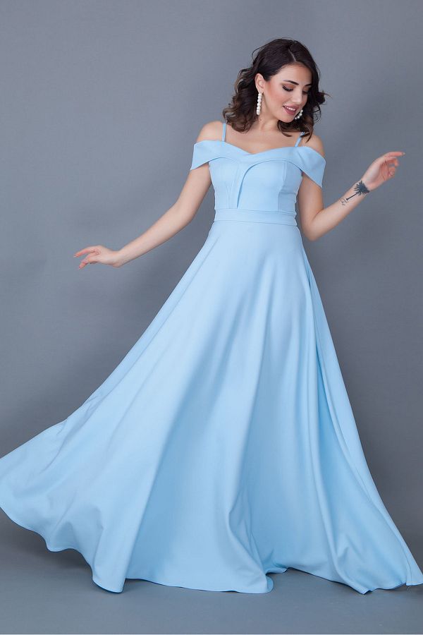 modastation Strappy Off Shoulder Detail Maxi Length Flared Baby Blue Evening Dress Engagement and Graduation Dress Trendyol