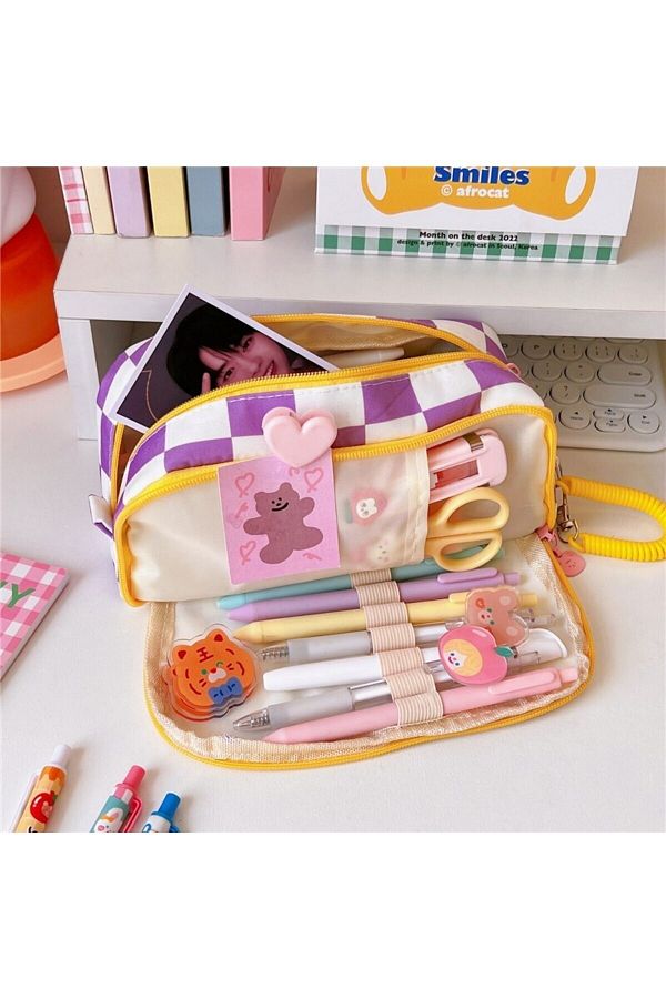 SYNOPE-Lilac Figured Pencil Case - School Bag and Cosmetic Bag with Teddy Bear for Kids 1