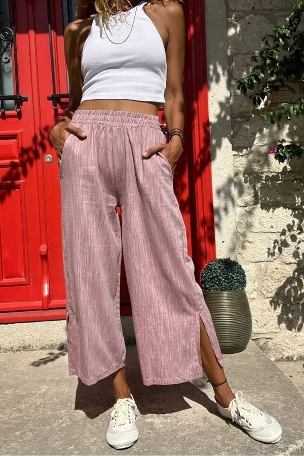 Güneşkızı Women's Burgundy Linen Elastic Waist Casual Capri Pants