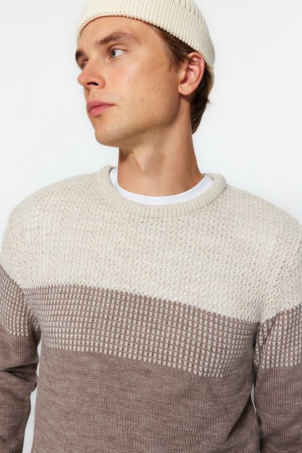 Trendyol Collection-Beige Crew Neck Slim Fit Blocked Sweater - Tmnaw21Kz0543 1