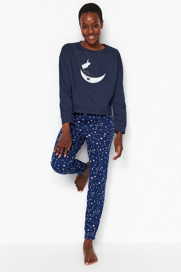 Trendyol Collection Galaxy PrinTed Navy Blue T shirt and Jogger Sleepwear SeT 100 CoTTon THMAW21PT0294 Trendyol