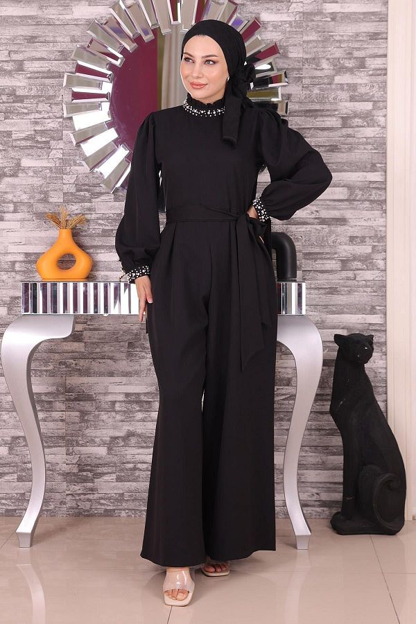 Modamihram-Jumpsuit-Kleid mit Perlendetail Schwarz 19152 1
