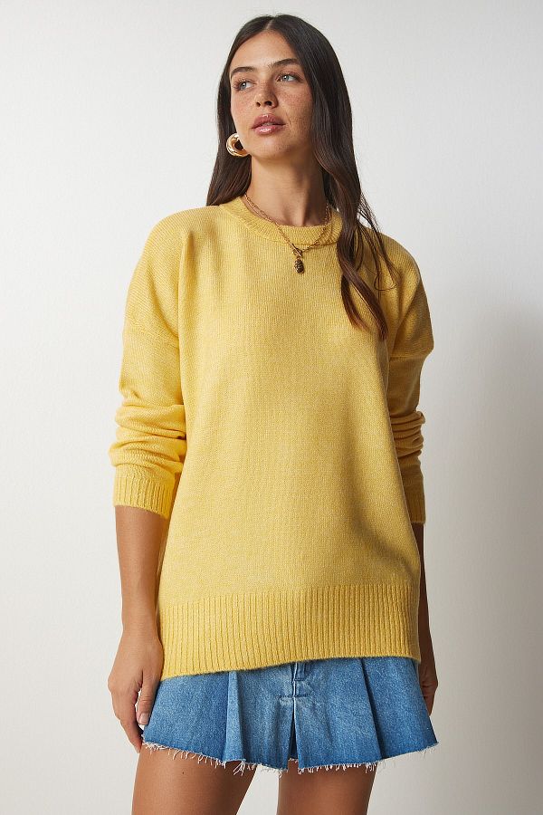 Happiness İstanbul-Women's Yellow Crew Neck Oversize Knitwear Sweater BV00085 1