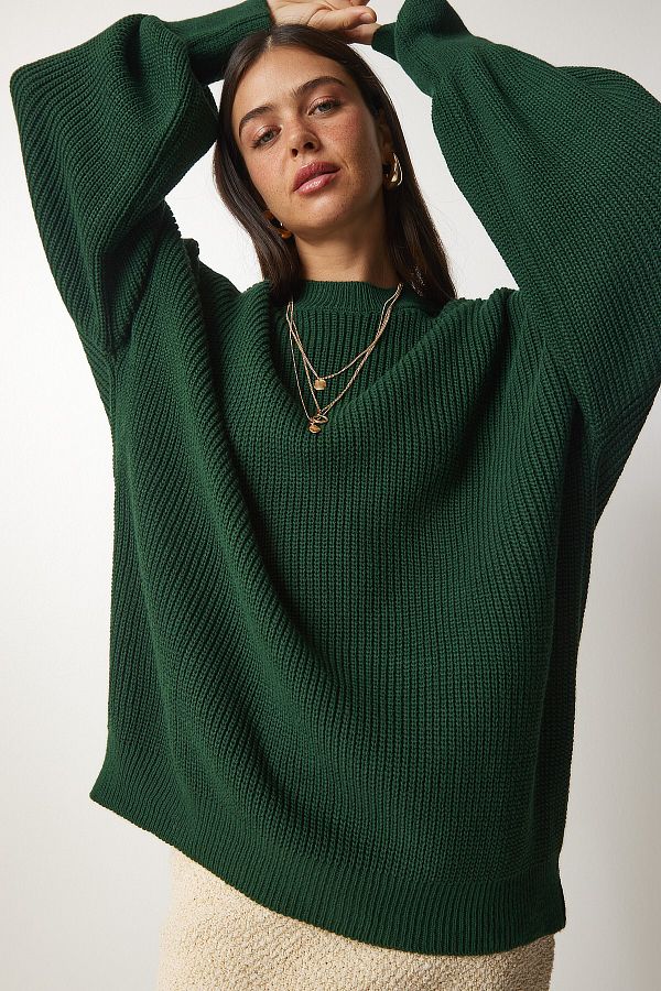 Happiness stanbul Women s Emerald Green Oversize Basic Knit Sweater mx00126 Trendyol