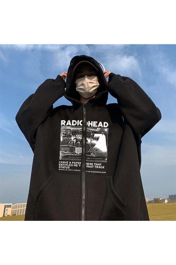 Touz-Radiohead Printed Μαύρη Unisex Oversize Ζακέτα με κουκούλα 1