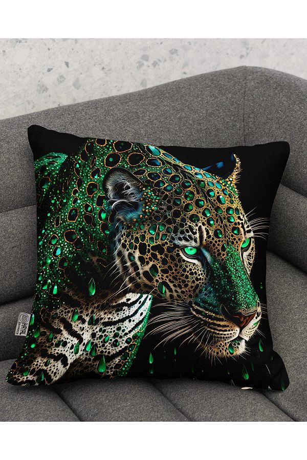 Hayal Dekoratif Black Green Digital Printed Gift Cushion Pillow Case with Leopard Photo Trendyol