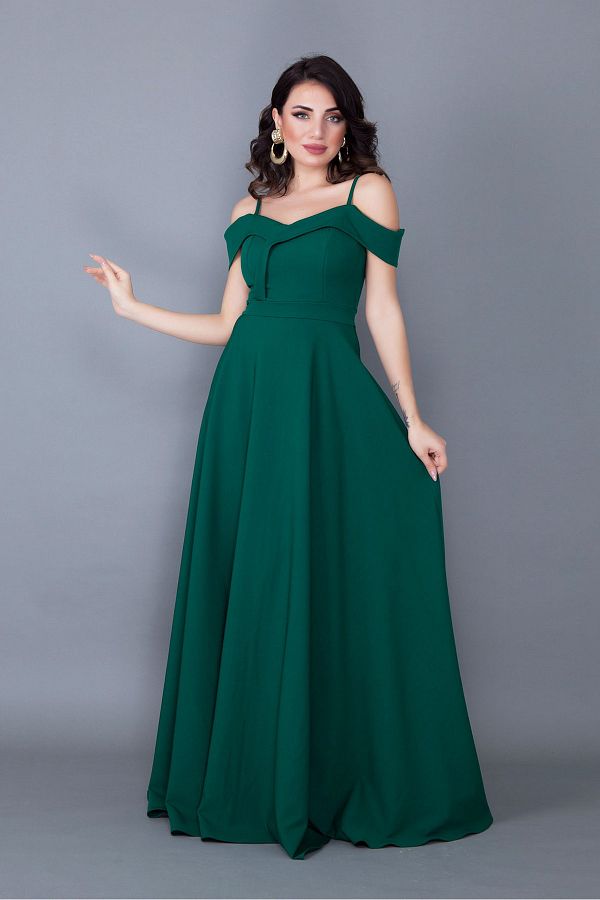 modastation Strappy Off Shoulder Detail Maxi Length Flared Emerald Green Evening Dress Engagement and Graduation Dress Trendyol