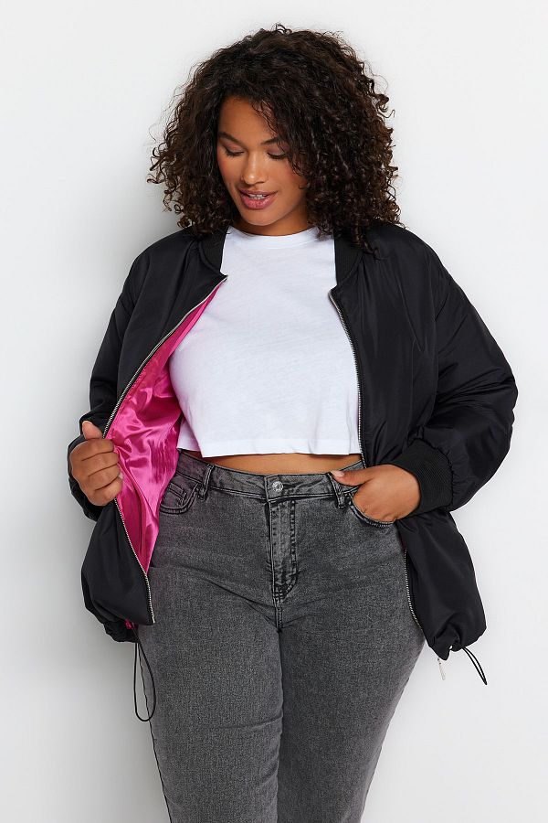 Trendyol Curve Pink Lined Black Oversize Bomber Jacket TBBAW24AW00005 Trendyol