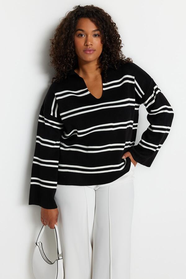 Trendyol Curve-Pulover din tricotaje cu dungi negre TBBAW24AN00013 1