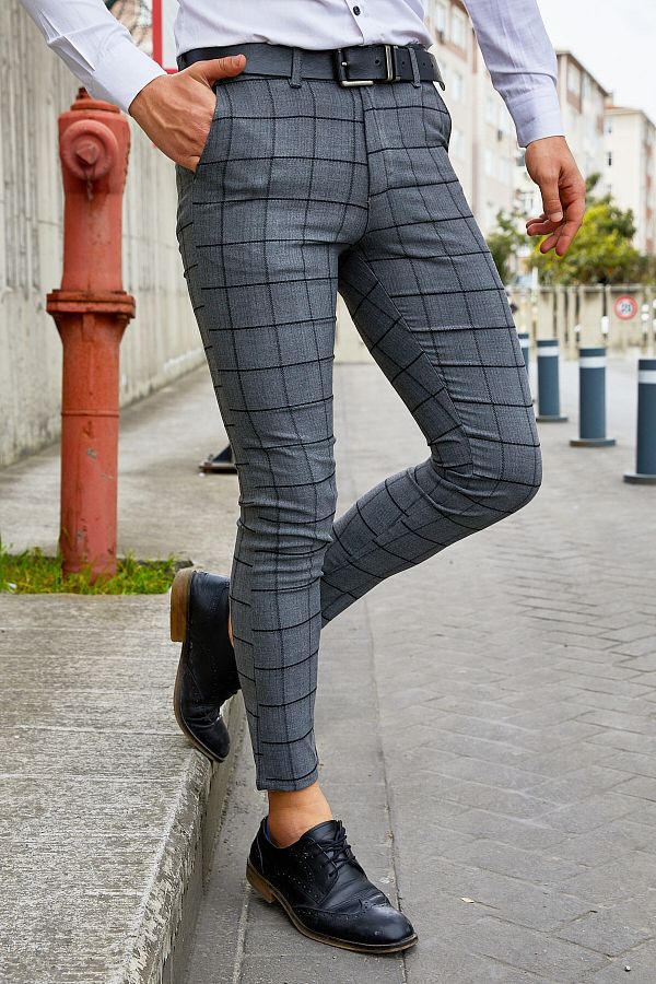 Plaid slim fit pants men clearance