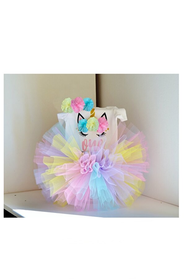 tullestore 1 Yaş Doğum Günü Kıyafeti, Gökkuşağı Unicorn Tütü Etek 1 Yaş Bebek Takımı Unicorn Zıbın
