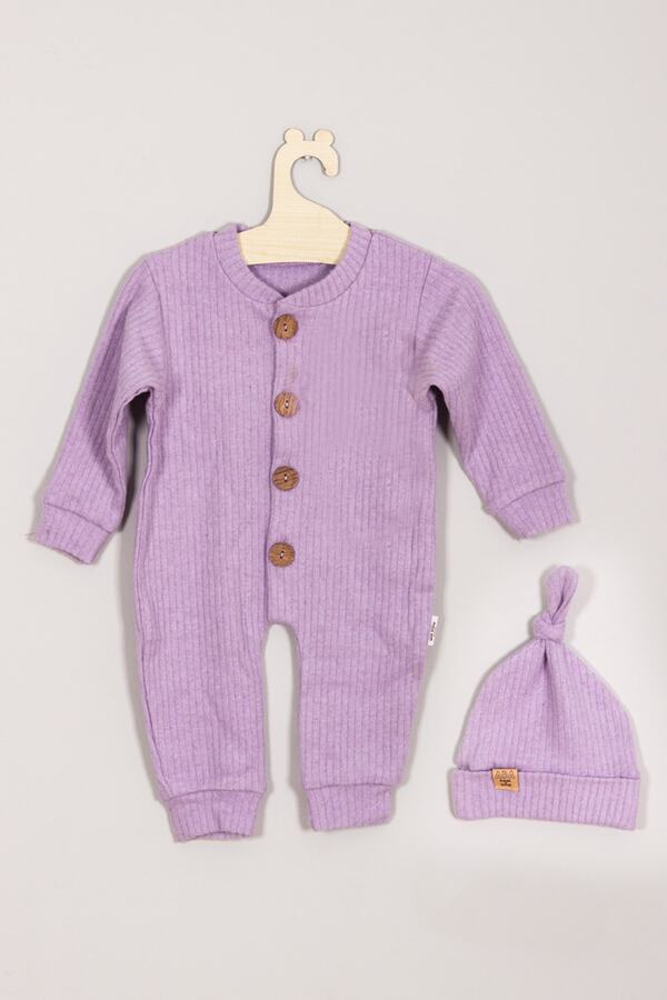 ADABEBEK %100 Pamuk Ahşap Düğmeli Fitilli Şapkalı Bebek Tulum