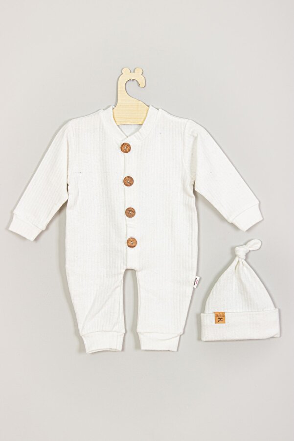 ADABEBEK %100 Pamuk Ahşap Düğmeli Fitilli Şapkalı Bebek Tulum