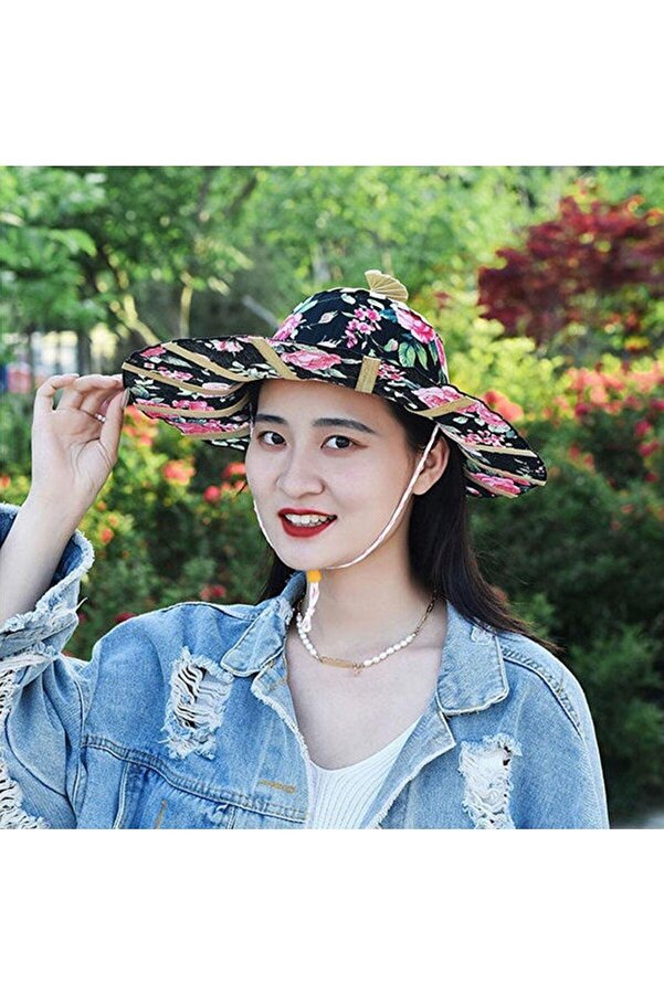 SYNOPE Multifunctional Floral Bamboo Fan Foldable Hat Travel Beach