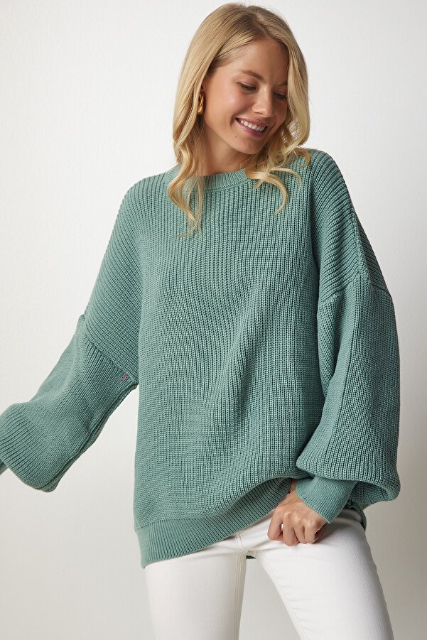 Happiness İstanbul Grüner Oversize-Strickpullover Basic für Damen