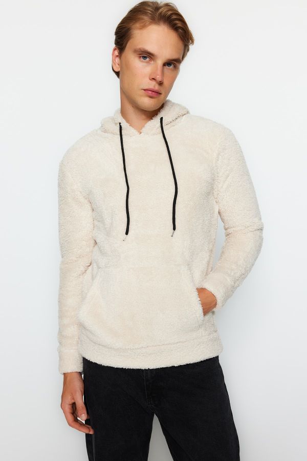 Trendyol Collection-Langärmliges Sweatshirt in Ecru mit Kapuze und Kängurutasche, TMNAW20SW0090 1