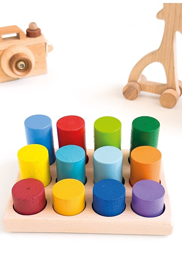 SaltanArt Ahşap Montessori Eşleştirme Tablalı Sİlindirler & Eğitici Kartlar & Masif Ahşap Bebek Çocuk Oy