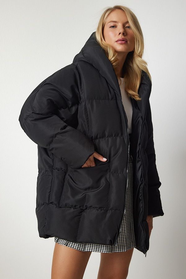 Happiness İstanbul-Woman's Black Hooded Oversize Inflatable Coat HK00026 1