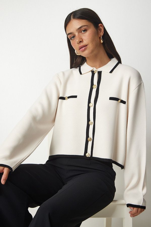 Happiness İstanbul-Cremefarbene Strickjacke mit Streifendetail für Damen YY00160 1