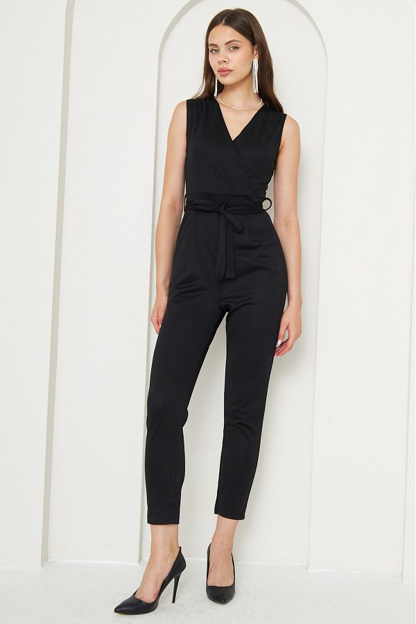 vuvutasar m Flexible Crepe Fabric Belt Accessory Double Breasted Collar Tight Leg Sleeveless Black Jumpsuit 61100 Trendyol