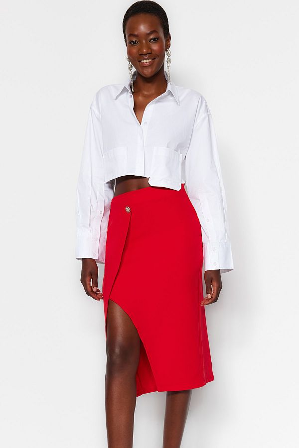 Trendyol Collection Red Double Breasted Detailed Button Front Woven Skirt TWOAW24ET00200 Trendyol