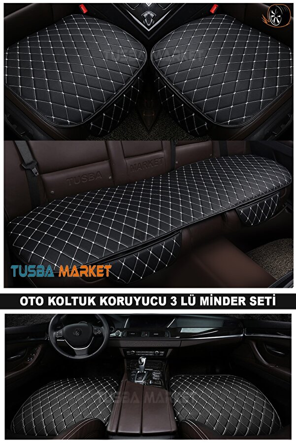 TUSBA MARKET Araba Otomobil Koltuk Koruyucu Cepli Üçlü Minder Seti / Lüks Kapitone Deri Ön-Arka Oto Koltuk Minder