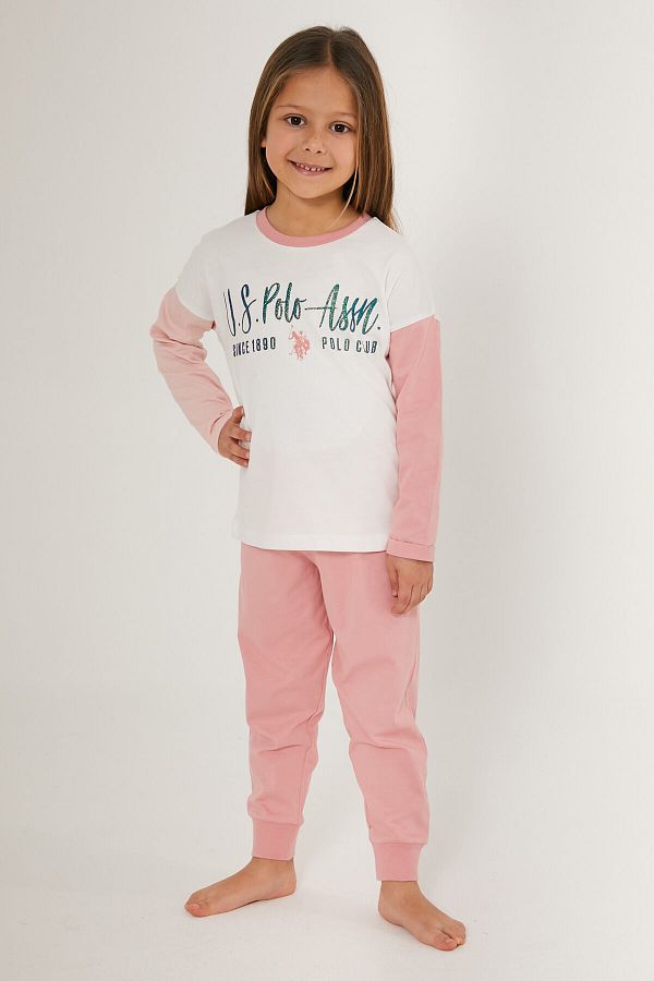 U.S. Polo Assn. BASE. Polo Assn Girl White Pink Girl s Long Sleeve Pajama Set Trendyol