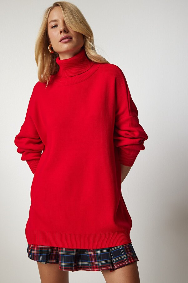 Happiness İstanbul Roter Rollkragenpullover in Übergröße für Damen