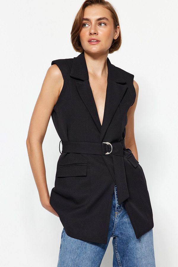 Trendyol Collection-Czarna, regularnie wiązana kamizelka tkana TWOAW24YE00071 1