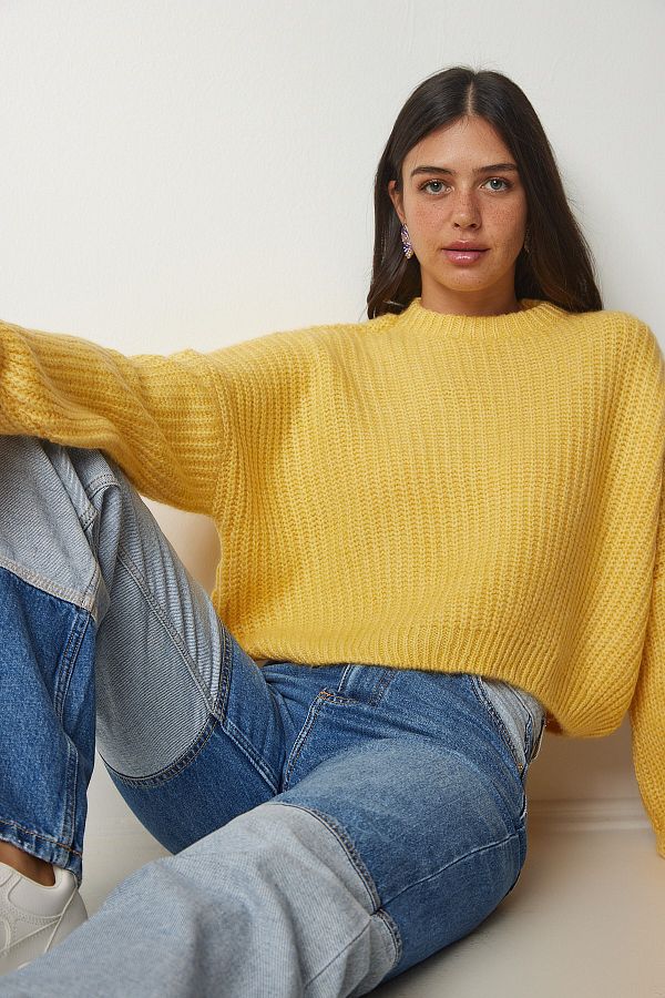 Happiness İstanbul-Women's Yellow Balloon Sleeve Basic Knitwear Sweatshirt BV00098 1