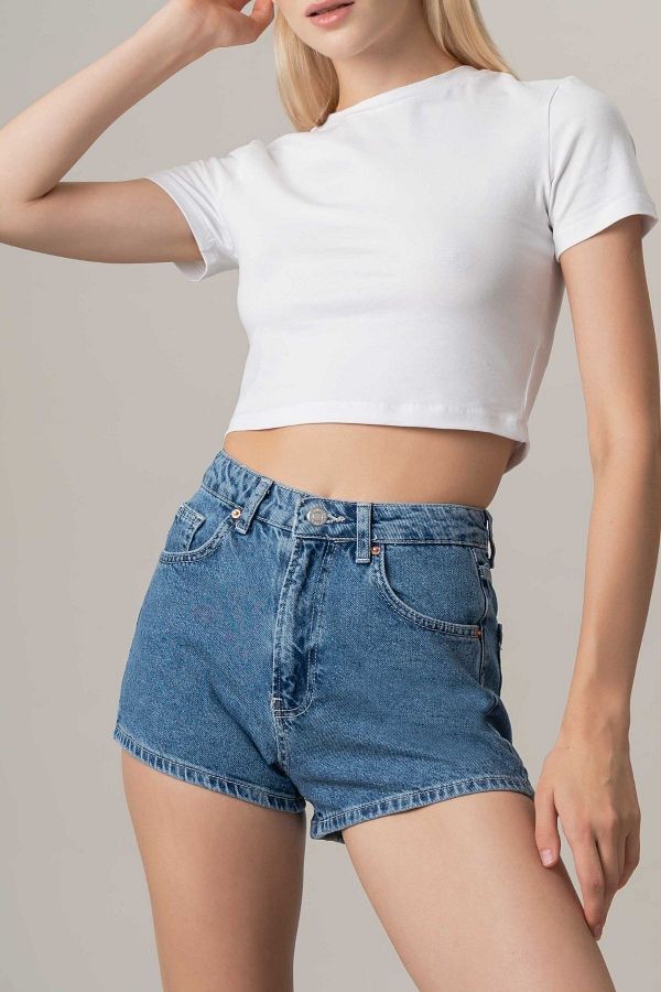 its basic Women s Blue Color Mom Fit Mini Denim Shorts Trendyol