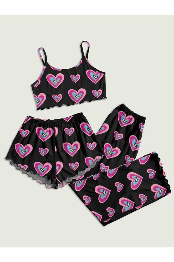 Rasabeauty Women s Strappy 3 Piece Pajama Set Shorts Sleepwear Black Pink Heart Super Single Jersey Soft Trendyol