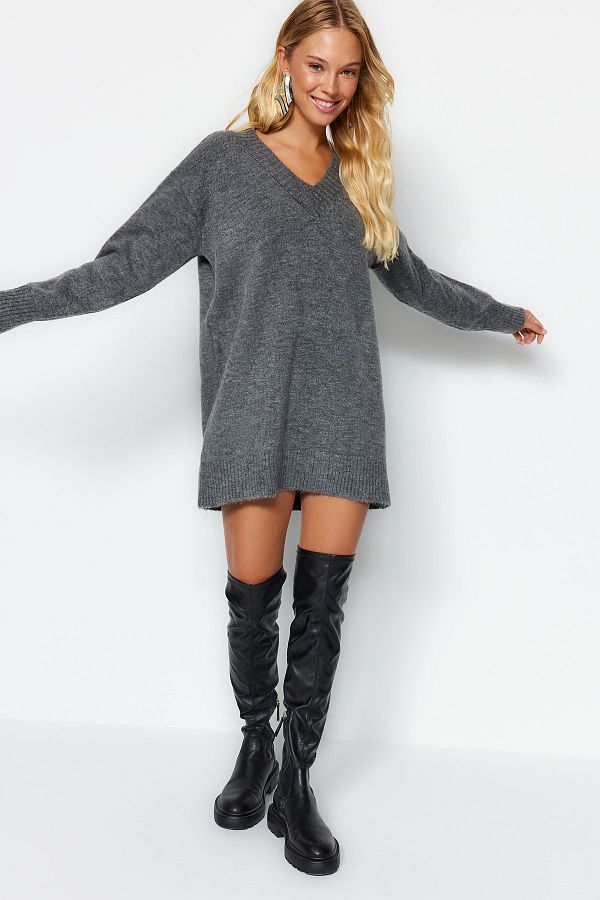 Trendyol Collection-Anthracite Mini Wide Fit Soft Texture Knitwear Dress Twoaw24El00086 1