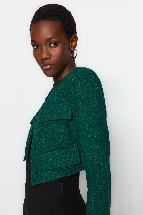 Trendyol Collection Emerald Green Tweed Crop Woven Jacket ...