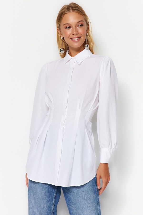 Trendyol Modest-Λευκό υφαντό πουκάμισο με μαργαριτάρι TCTAW24TG00027 1