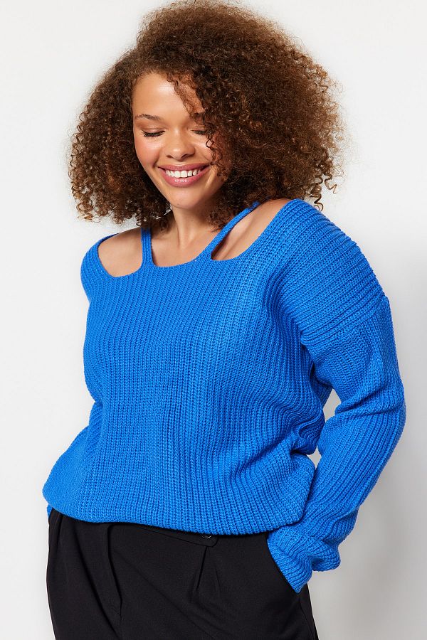 Trendyol Curve-Indigofarbener Strickpullover mit Fensterfront/Ausschnitt und detailliertem Ausschnitt TBBAW24AN00034 1