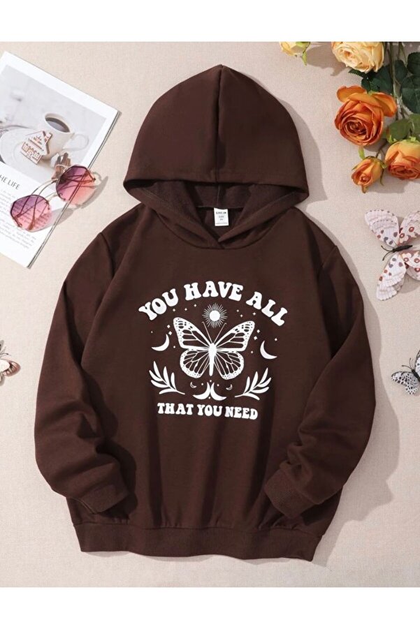 MORNİNG KİDS Kız Çocuk Kapşonlu Kahverengi Kelebek Baskılı Sweatshirt