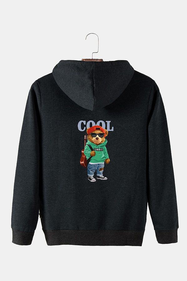 Terapi Men Unisex Anthracite Hooded Sweatshirt with Cool Teddy Bear Printed on the Back Slim Fit Kangaroo Pocket Trendyol