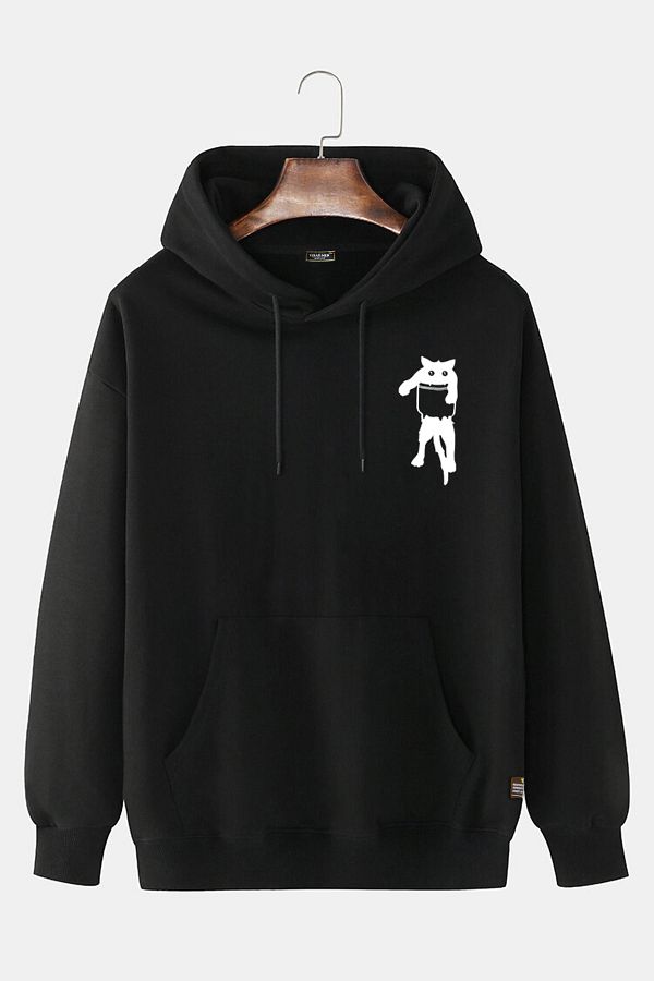 Terapi Men Unisex Black Hooded Cat Printed Slim Fit Kangaroo Pocket Sweatshirt Trendyol