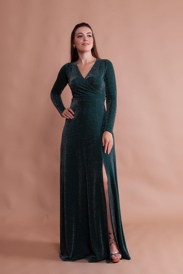 Bidoluelbise Glitter Stretchy Fabric Double Breasted Collar Slit Long Sleeve Maxi Length Graduation Evening Dress Trendyol