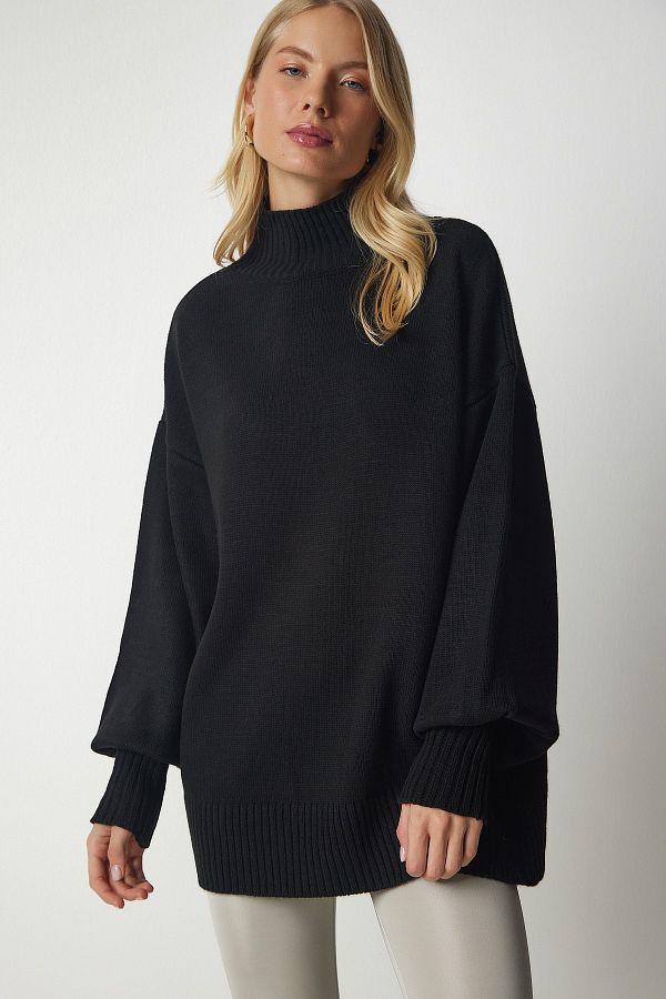 Happiness İstanbul-Schwarzer Oversize-Strickpullover mit Stehkragen für Damen, Basic, YY00167 1