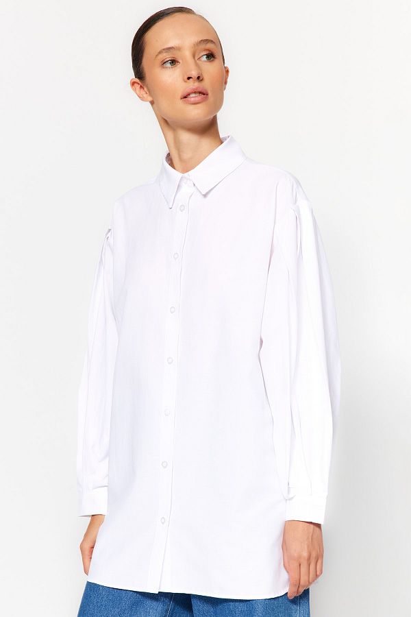 Trendyol Modest-White Sleeves Pleat Detailed Woven Shirt TCTAW24TG00023 1