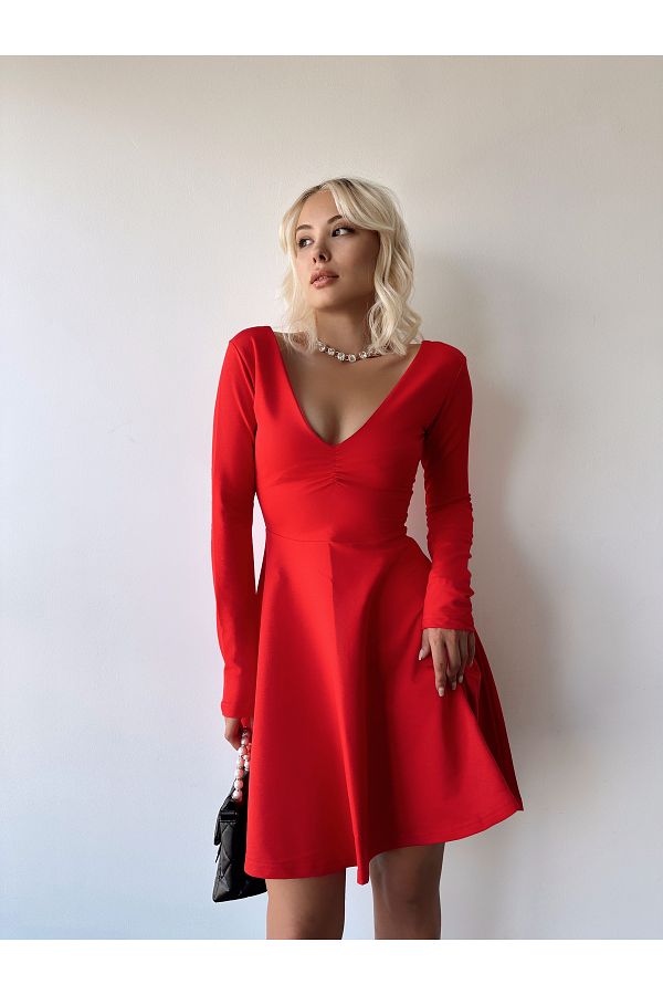 Timbre Long Sleeve V Neck Above Knee Short Flowy Cotton Fabric Red Dress Trendyol