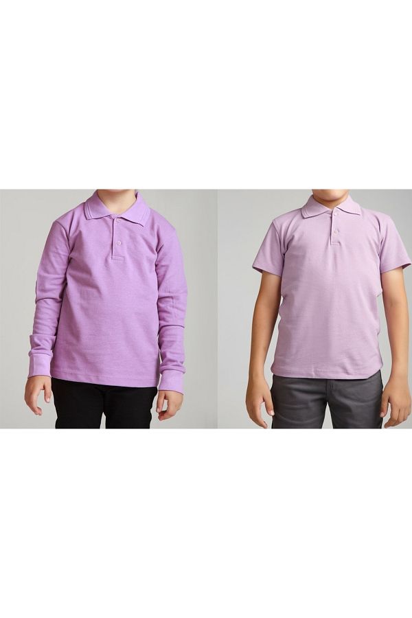 FATELLA Unisex Children s Short Long Sleeve Normal Pattern Polo Collar Solid Color School Combed Cotton Lacoste T shirt Pack of 2 Trendyol