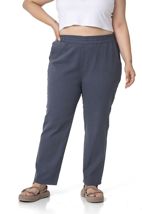 DISENTIS MODEST-Plus Size Gabardine Anthracite Trousers with Elastic Waist and Pockets 1